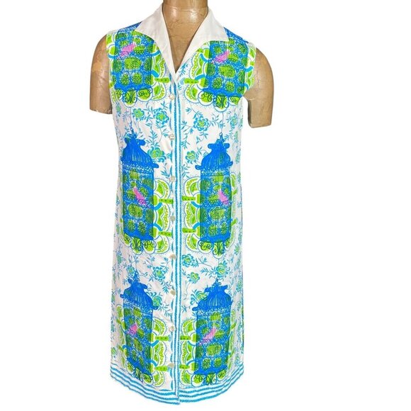 Dresses & Skirts - Vintage 60s Mod Birdcage Print Button Up Sleeveless Shift Dress #204L